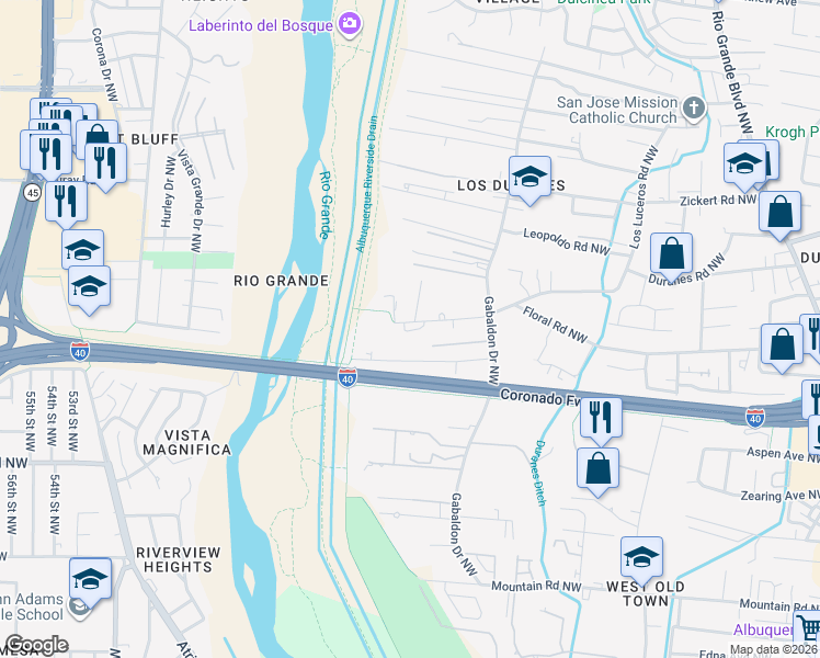 map of restaurants, bars, coffee shops, grocery stores, and more near 3258 Duranes Road Northwest in Albuquerque