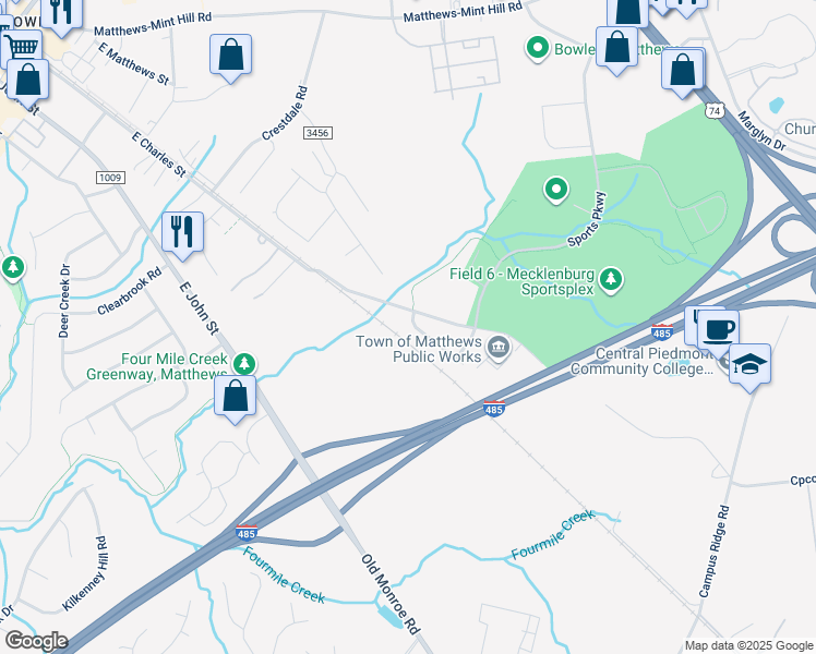 map of restaurants, bars, coffee shops, grocery stores, and more near 3012 Rainbow Ridge Drive in Matthews
