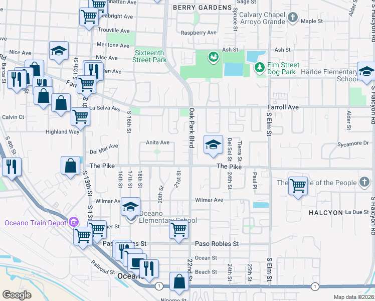 map of restaurants, bars, coffee shops, grocery stores, and more near 1965 Solana Court in Grover Beach