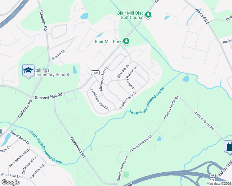 map of restaurants, bars, coffee shops, grocery stores, and more near 1224 Tranquil Falls Lane in Stallings