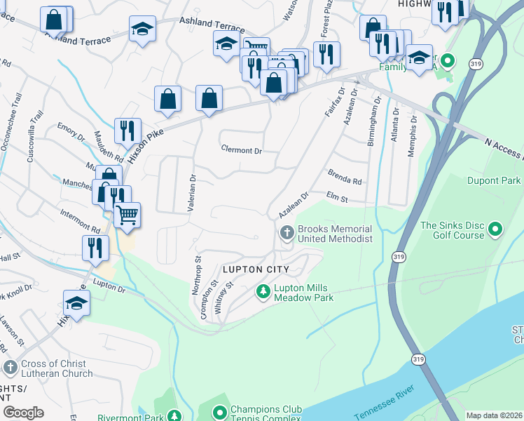 map of restaurants, bars, coffee shops, grocery stores, and more near 3803 Fairfax Drive in Chattanooga