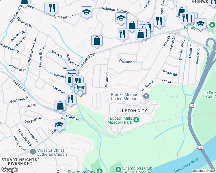 map of restaurants, bars, coffee shops, grocery stores, and more near 3704 Valerian Drive in Chattanooga