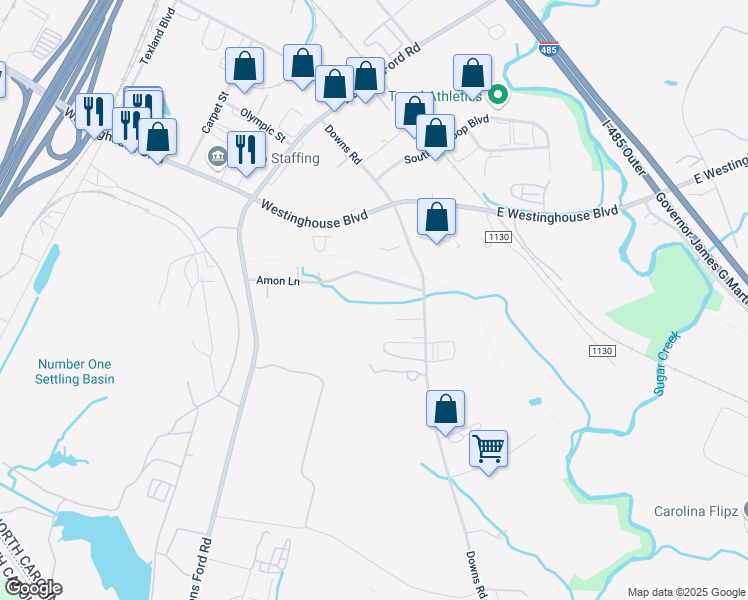 map of restaurants, bars, coffee shops, grocery stores, and more near 422 Amon Lane in Pineville