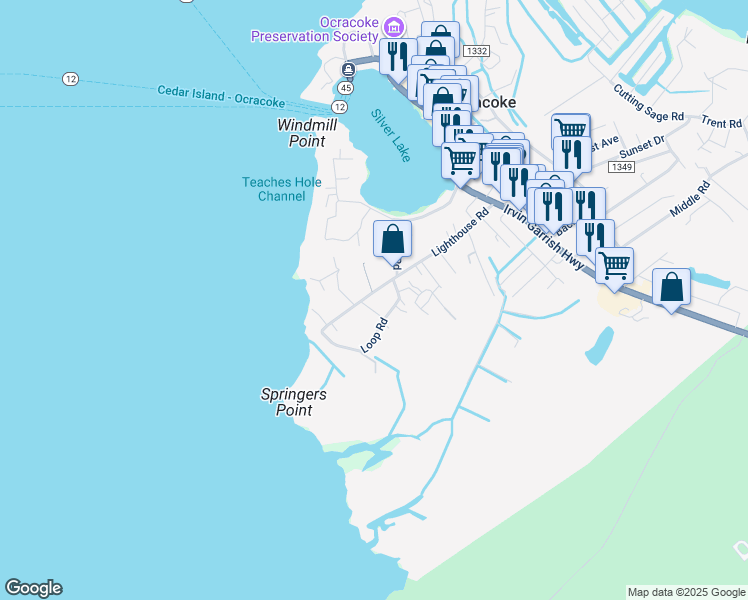 map of restaurants, bars, coffee shops, grocery stores, and more near 25 Martha Jane Lane in Ocracoke