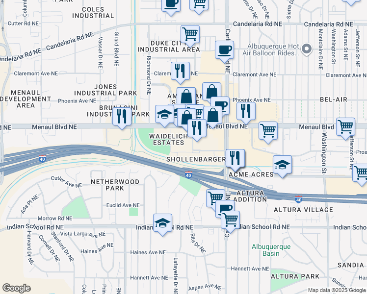 map of restaurants, bars, coffee shops, grocery stores, and more near 2401 Wellesley Drive Northeast in Albuquerque