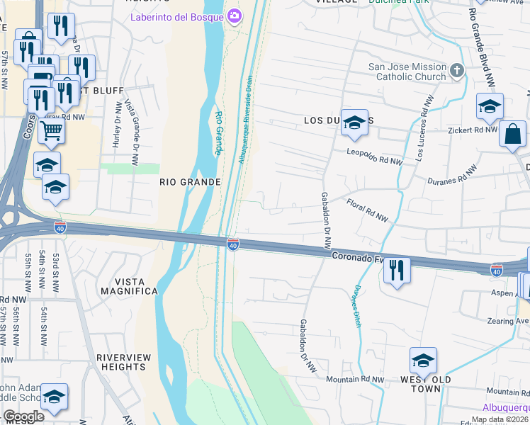 map of restaurants, bars, coffee shops, grocery stores, and more near 3240 Duranes Road Northwest in Albuquerque