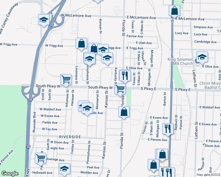 map of restaurants, bars, coffee shops, grocery stores, and more near 65 South Parkway West in Memphis