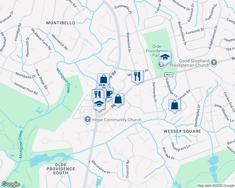 map of restaurants, bars, coffee shops, grocery stores, and more near 7606 Stonecroft Park Drive in Charlotte
