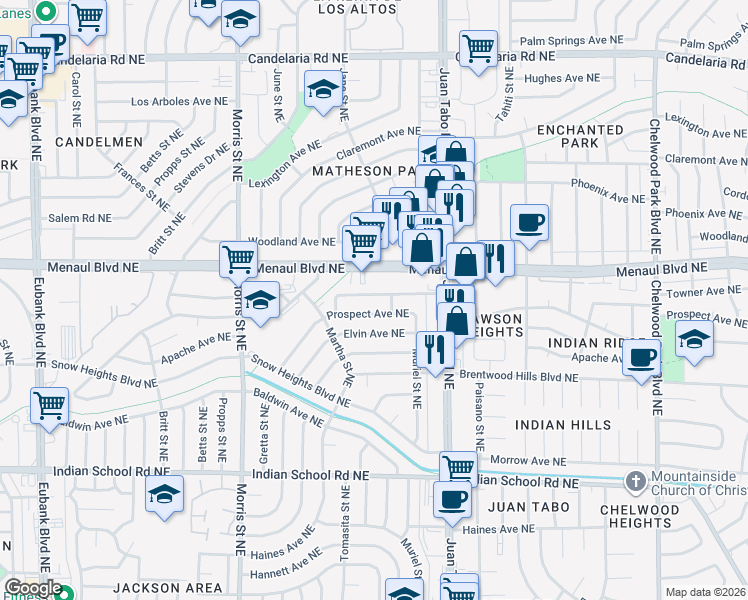 map of restaurants, bars, coffee shops, grocery stores, and more near 11008 Towner Avenue Northeast in Albuquerque