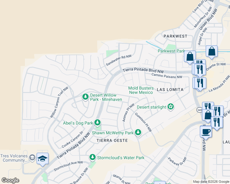 map of restaurants, bars, coffee shops, grocery stores, and more near 8805 Monsoon Road Northwest in Albuquerque