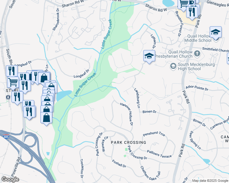 map of restaurants, bars, coffee shops, grocery stores, and more near 9805 Hanover Hollow Drive in Charlotte