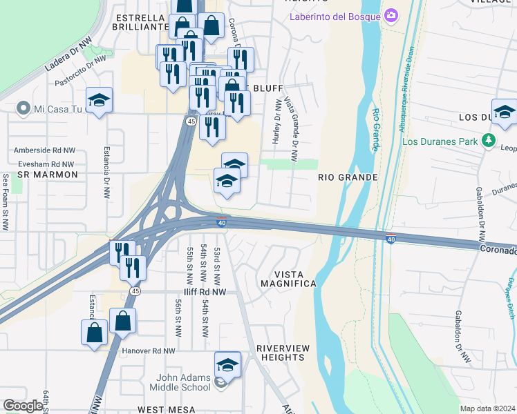 map of restaurants, bars, coffee shops, grocery stores, and more near 5112 Bridges Avenue Northwest in Albuquerque