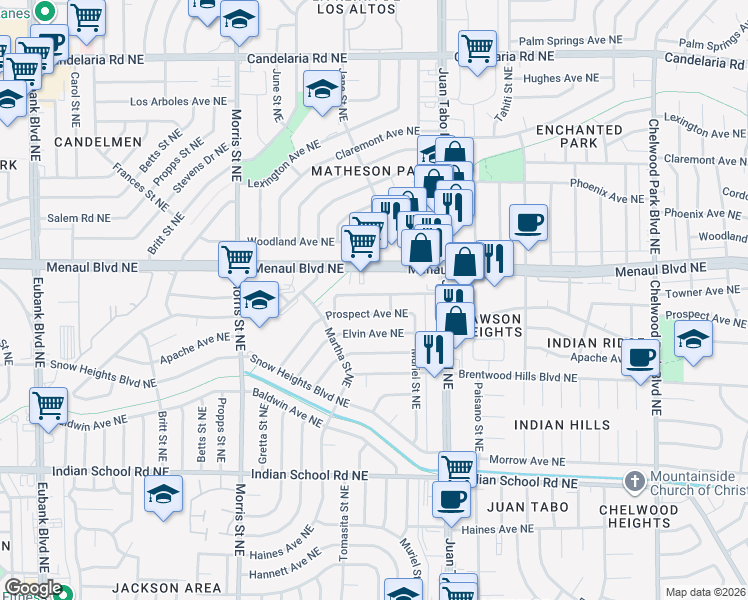 map of restaurants, bars, coffee shops, grocery stores, and more near 11008 Towner Avenue Northeast in Albuquerque