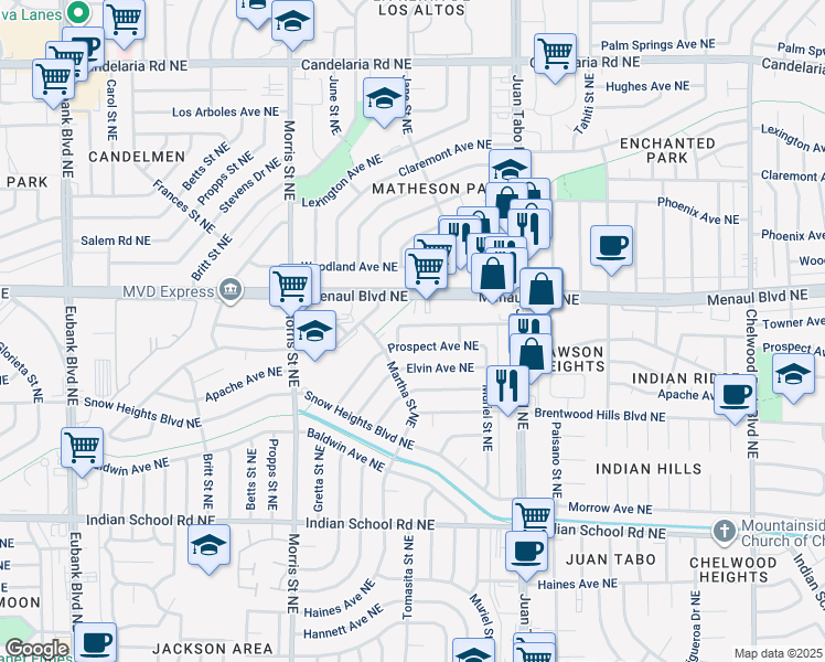 map of restaurants, bars, coffee shops, grocery stores, and more near 10812 Towner Avenue Northeast in Albuquerque