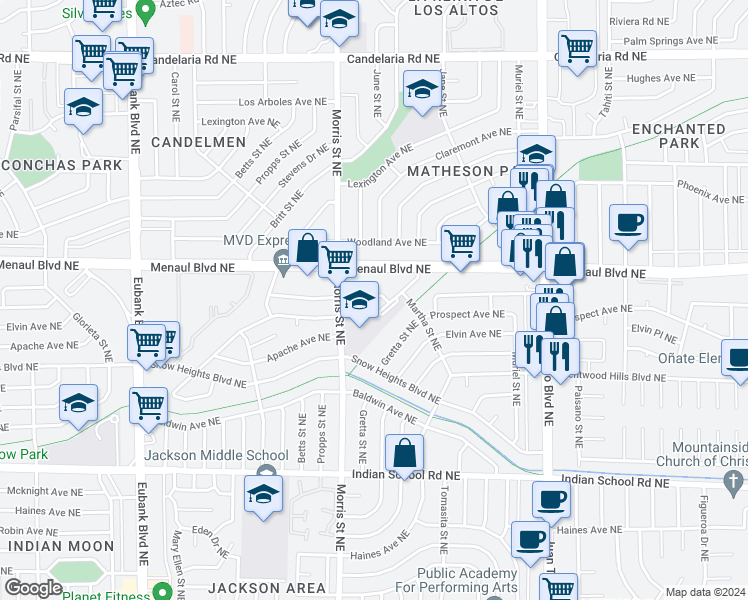 map of restaurants, bars, coffee shops, grocery stores, and more near 10733 Norman Avenue Northeast in Albuquerque