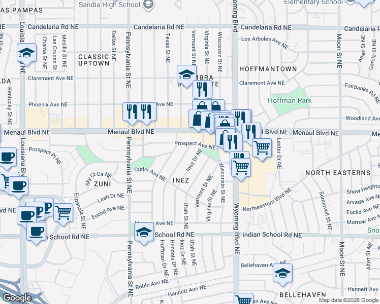 map of restaurants, bars, coffee shops, grocery stores, and more near 2326 Inez Drive Northeast in Albuquerque