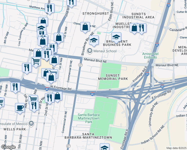 map of restaurants, bars, coffee shops, grocery stores, and more near 401 Cutler Avenue Northeast in Albuquerque