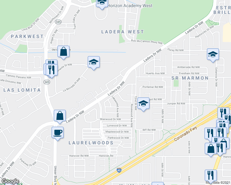 map of restaurants, bars, coffee shops, grocery stores, and more near 7515 Willow Wood Drive Northwest in Albuquerque