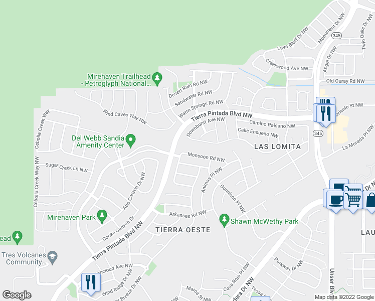 map of restaurants, bars, coffee shops, grocery stores, and more near 8805 Monsoon Road Northwest in Albuquerque