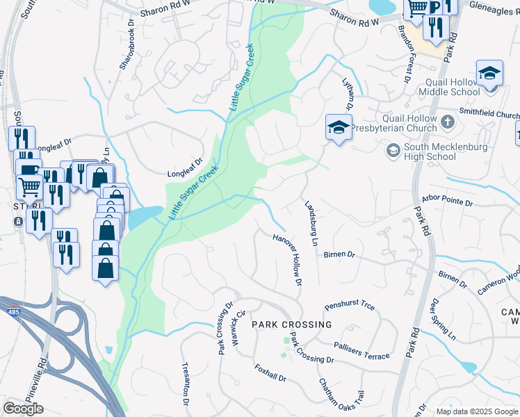 map of restaurants, bars, coffee shops, grocery stores, and more near 9805 Hanover Hollow Drive in Charlotte