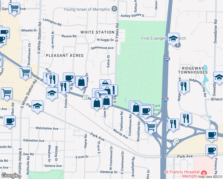 map of restaurants, bars, coffee shops, grocery stores, and more near 869 South Yates Road in Memphis