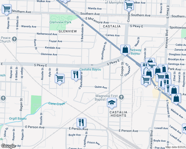 map of restaurants, bars, coffee shops, grocery stores, and more near 1973 South Parkway East in Memphis
