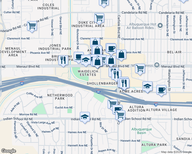 map of restaurants, bars, coffee shops, grocery stores, and more near 2401 Wellesley Drive Northeast in Albuquerque