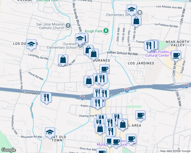 map of restaurants, bars, coffee shops, grocery stores, and more near 1210 Rio Grande Boulevard Northwest in Albuquerque