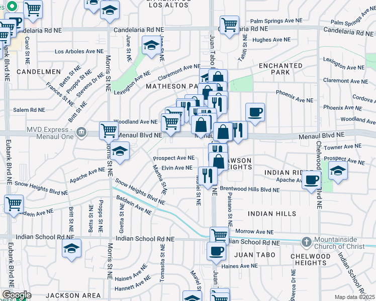 map of restaurants, bars, coffee shops, grocery stores, and more near 11008 Towner Avenue Northeast in Albuquerque