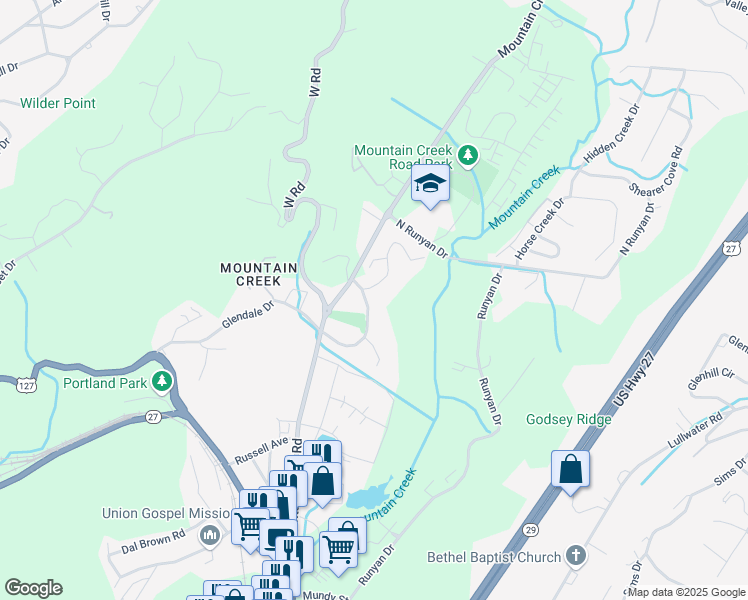 map of restaurants, bars, coffee shops, grocery stores, and more near 936 Mountain Creek Road in Chattanooga