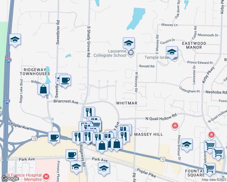 map of restaurants, bars, coffee shops, grocery stores, and more near 1202 Cherbourg Lane in Memphis