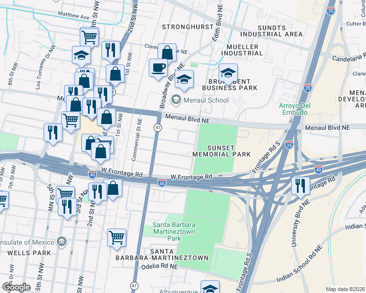 map of restaurants, bars, coffee shops, grocery stores, and more near 401 Cutler Avenue Northeast in Albuquerque