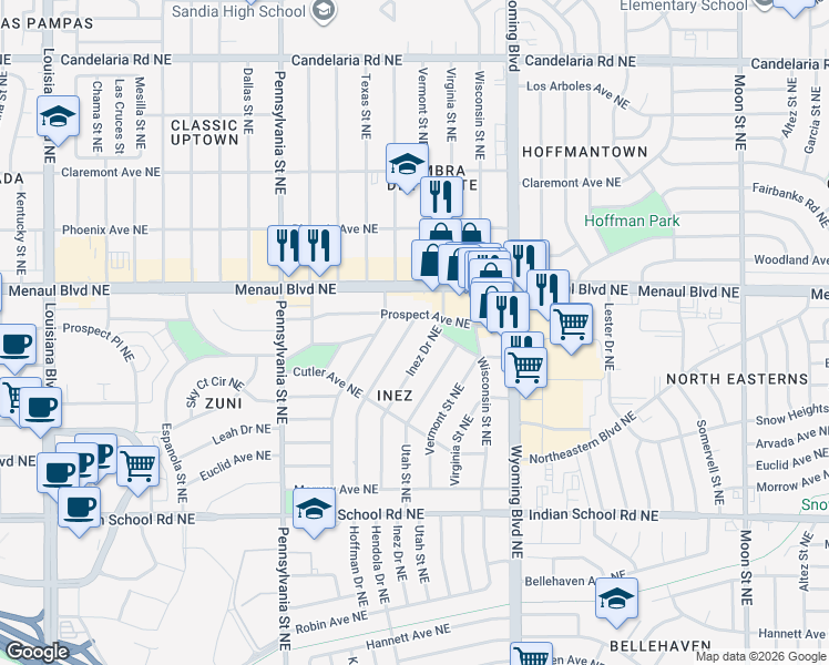 map of restaurants, bars, coffee shops, grocery stores, and more near 2326 Inez Drive Northeast in Albuquerque