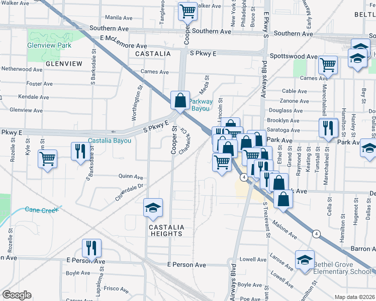 map of restaurants, bars, coffee shops, grocery stores, and more near 1382 Chadwick Circle in Memphis