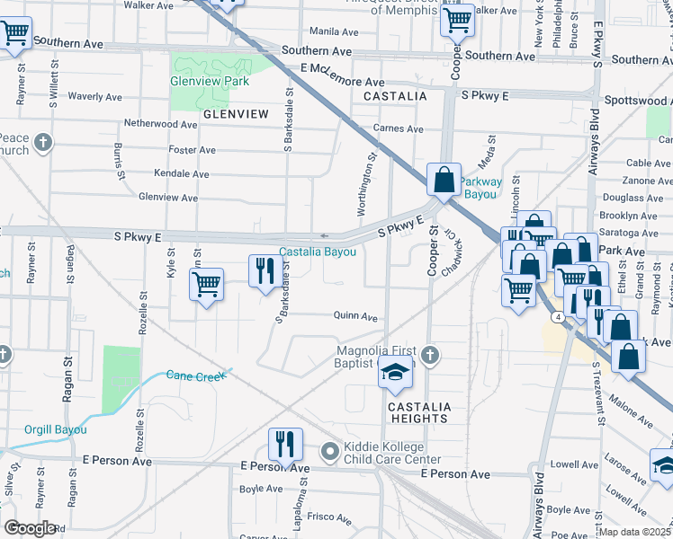 map of restaurants, bars, coffee shops, grocery stores, and more near 1973 South Parkway East in Memphis