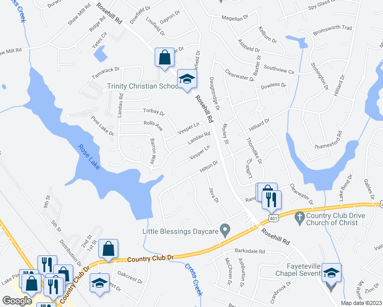map of restaurants, bars, coffee shops, grocery stores, and more near 1128 Vesper Lane in Fayetteville