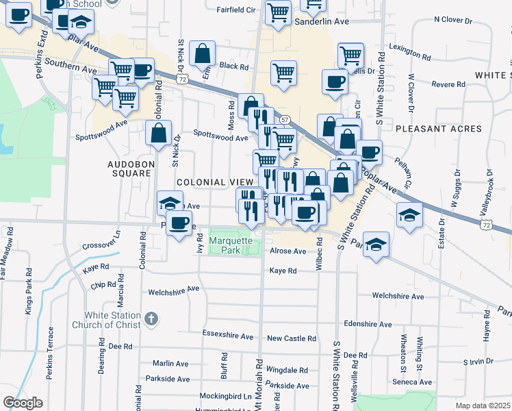 map of restaurants, bars, coffee shops, grocery stores, and more near 4961 Marion Avenue in Memphis