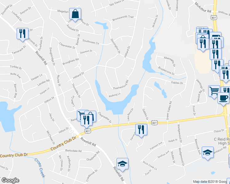 map of restaurants, bars, coffee shops, grocery stores, and more near 3505 Thamesford Road in Fayetteville