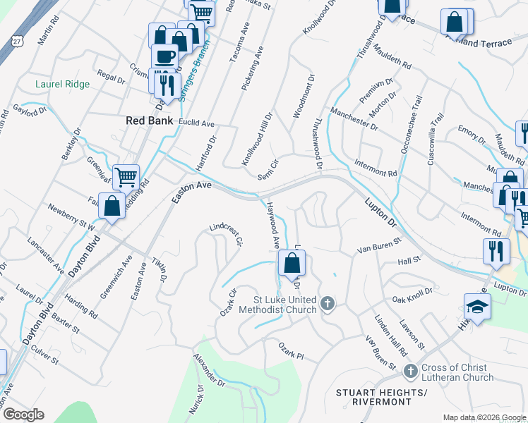 map of restaurants, bars, coffee shops, grocery stores, and more near 3357 Haywood Avenue in Chattanooga