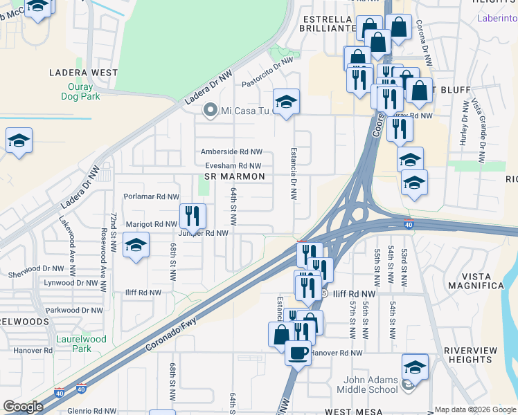 map of restaurants, bars, coffee shops, grocery stores, and more near 6205 Summer Ray Road Northwest in Albuquerque