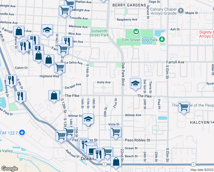 map of restaurants, bars, coffee shops, grocery stores, and more near 161 Shanna Place in Grover Beach
