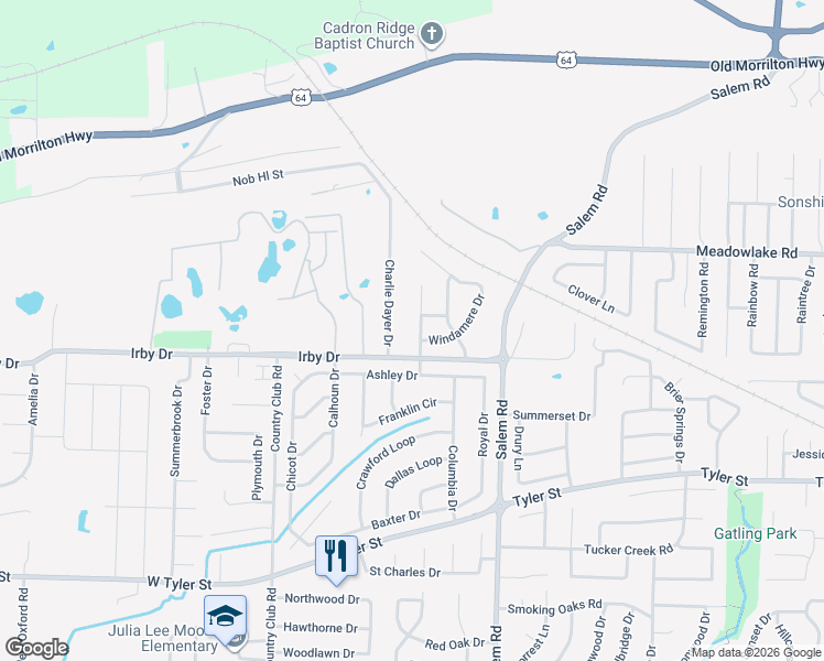 map of restaurants, bars, coffee shops, grocery stores, and more near 2130 Charlie Dayer Drive in Conway
