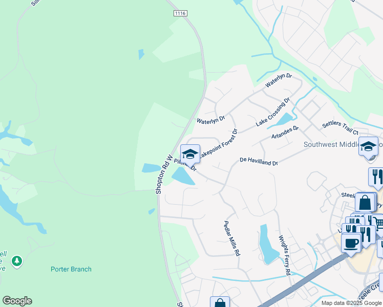 map of restaurants, bars, coffee shops, grocery stores, and more near 15730 Lakepoint Forest Drive in Charlotte