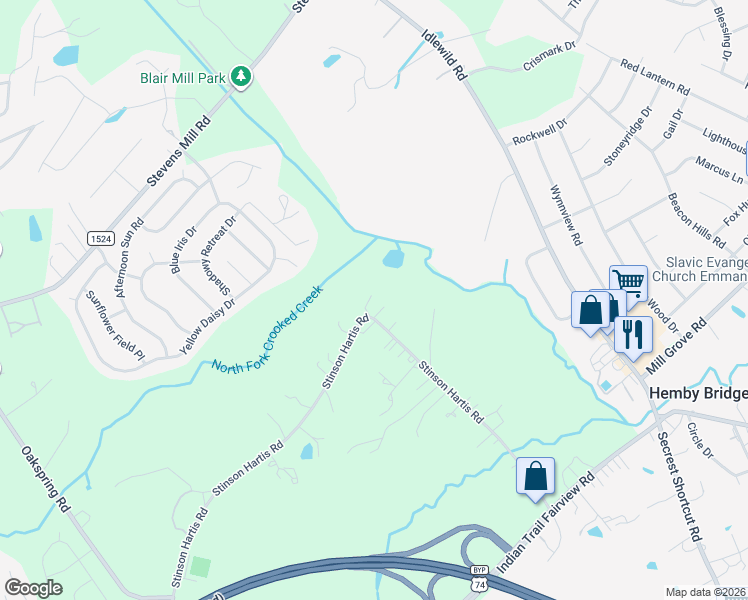 map of restaurants, bars, coffee shops, grocery stores, and more near 7803 Stinson Hartis Road in Indian Trail