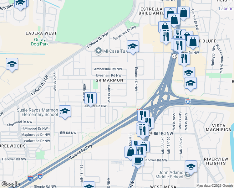 map of restaurants, bars, coffee shops, grocery stores, and more near 6212 Summer Ray Road Northwest in Albuquerque