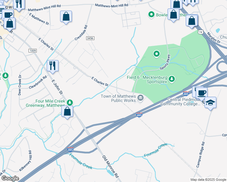 map of restaurants, bars, coffee shops, grocery stores, and more near 3012 Rainbow Ridge Drive in Matthews