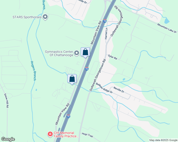 map of restaurants, bars, coffee shops, grocery stores, and more near 6725 Ooltewah Georgetown Road in Ooltewah