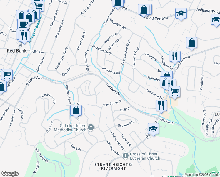 map of restaurants, bars, coffee shops, grocery stores, and more near 3536 Van Winkle Circle in Chattanooga
