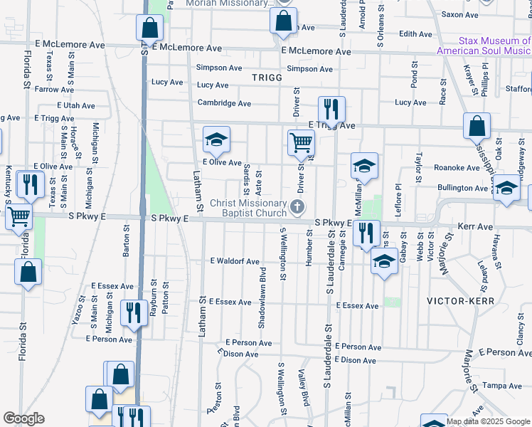map of restaurants, bars, coffee shops, grocery stores, and more near 442 South Parkway East in Memphis