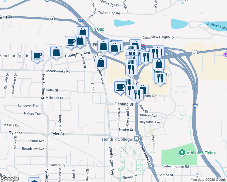 map of restaurants, bars, coffee shops, grocery stores, and more near 2123 Washington Avenue in Conway